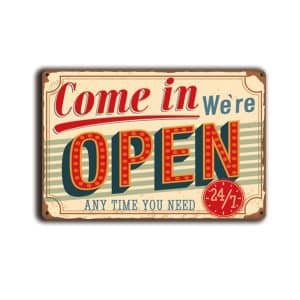 Metalen wandbord Come in we're open