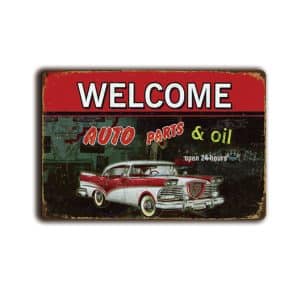Metalen wandbord Welcome auto parts and oil
