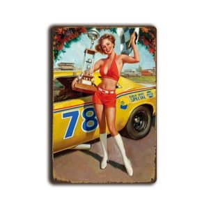 Metalen wandbord Pin-up girl "car race winner"